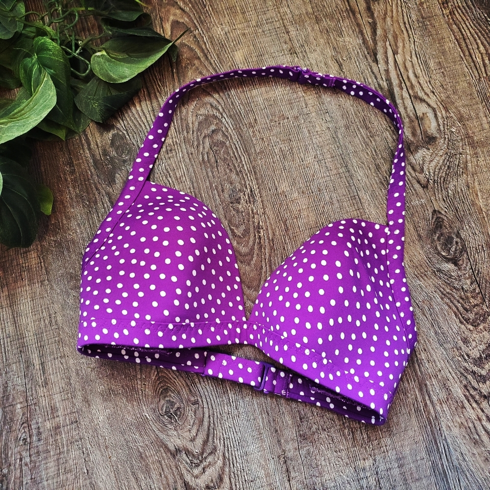 Lands End Bikini Top Polka Dot Halter Neck Purple Summer Vacation Resort Retro
